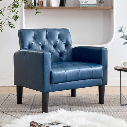 TYBOATLE Accent Chair Comfy Living Room Chair Leather Tufted Mid Century Modern Accent Chair, Small Cozy Reading Arm Chair for Office, Bedroom (1, Blue)