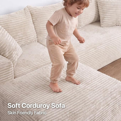 Claiks 94" Boneless Couch, Cloud Couch Sectional, L-Shape Corduroy Modular Sectional Sofa Deep Seat, Upholstered Couches for Living Room, No Assembly Required, Beige