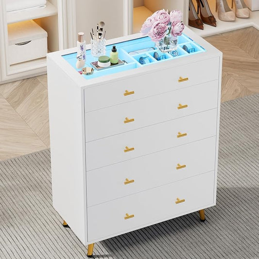 Closet Island with Drawers, Glass Top, Closet Island with LED Lights, Jewelry Dresser Display and Bedroom Island & Walk-in Closet Island for Bedroom, Cloakroom, White