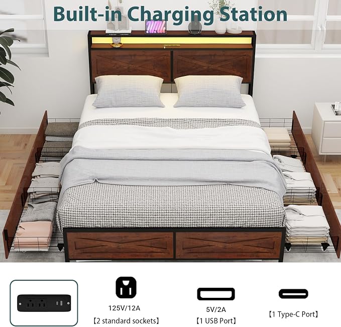 Zevemomo Full LED Bed Frame with 6 Storage Drawers, Farmhouse Headboard w/Charging Ports Station, Full-Size Platform Bed Frame No Box Spring Needed, Metal Structure & Wood Boards, Rustic Bed Frames