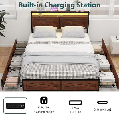 Zevemomo Full LED Bed Frame with 6 Storage Drawers, Farmhouse Headboard w/Charging Ports Station, Full-Size Platform Bed Frame No Box Spring Needed, Metal Structure & Wood Boards, Rustic Bed Frames