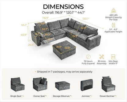 Oversized Modular Sectional Sofa with Power Recliner, Plush Cloud Couch with Headrest, Convertible Deep L-Shaped 6 Seater with Corner and Storage Ottoman, Chenille, Grey