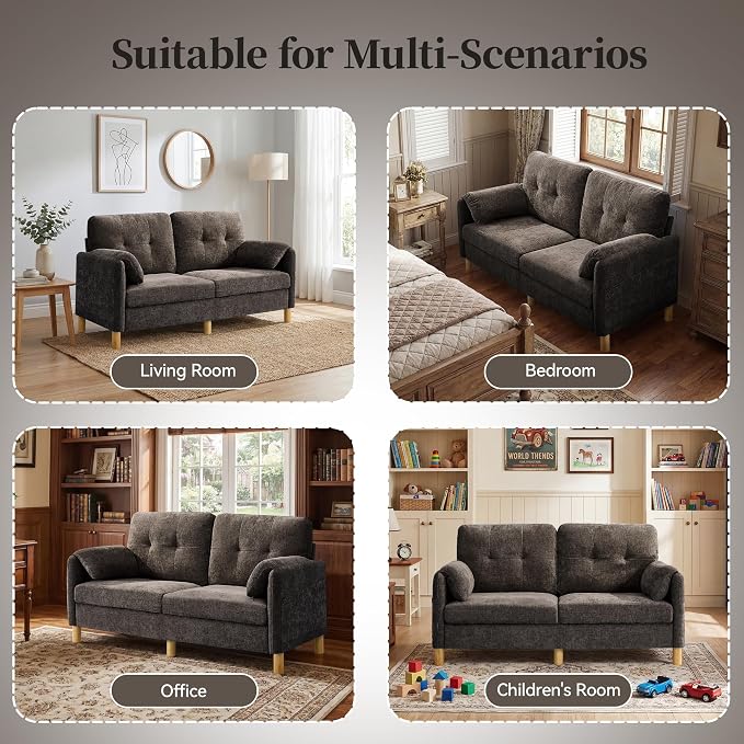 65" Loveseat Sofa, Mid Century Loveseat Couch for Living Room with Storage Pockets, Upholstered Small Loveseat for Small Spaces, Bedroom, Home Office, Apartments, Small Sofa Chenille Brown