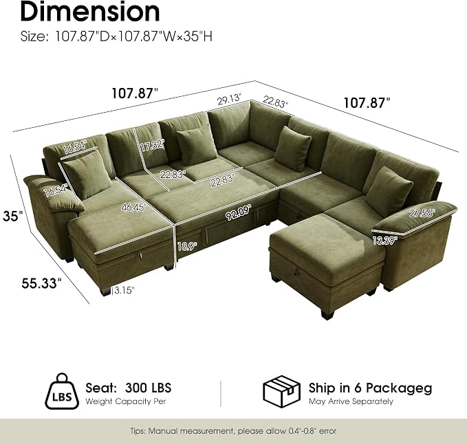 107.8" Oversized Modular Sectional Sofa with Pull Out Bed, 9 Seat U Shaped Sectional Sleeper Sofa with 291L Storage, Convertible Cloud Couch Bed, Sectional Couches for Living Room, Apartment (Green)