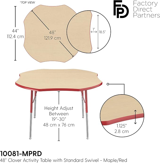 FDP Clover Activity School and Office Table (48 x 48 inch), Standard Legs with Swivel Glides for Collaborative Seating Environments, Adjustable Height 19-30 inches - Maple Top and Red Edge