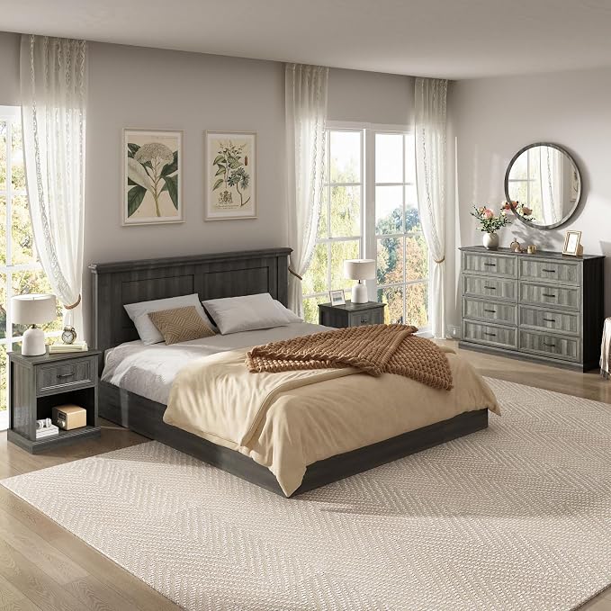 CARPETNAL Farmhouse Dresser and Nightstand Sets for Bedroom, 3 Pcs Bedroom Set, 8 Drawer Dresser & Nightstand Set of 2, Modern Wood Chest of Drawers for Bedroom, Living Room, Entryway, Grey