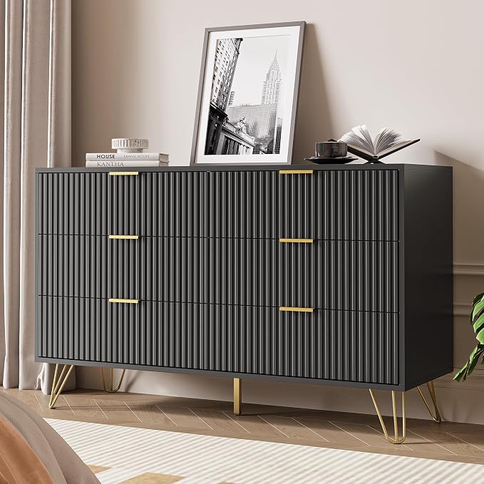 MAISONARIA Black Dresser for Bedroom, Modern Dresser with Gold Metal Handles & Chests of Drawers, Wood Chest of Drawers for Bedroom