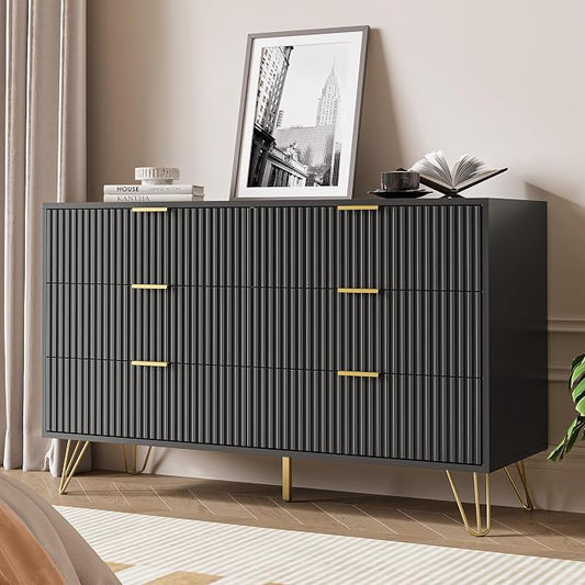 MAISONARIA Black Dresser for Bedroom, Modern Dresser with Gold Metal Handles & Chests of Drawers, Wood Chest of Drawers for Bedroom