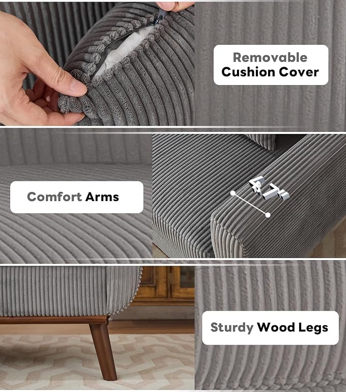 Kingfun 65" Corduroy Love Seat with Spring Cusions, Mid Century Modern Loveseat Sofa for Livingroom & Bedroom, Comfy Upholstered Small Couch, Gray
