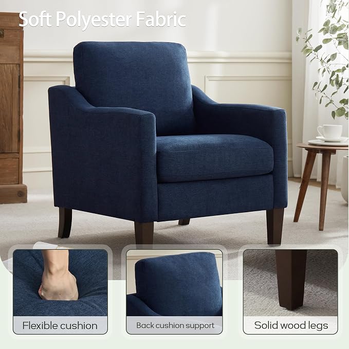 VKNOW Mid-Century Accent Chair, No Tools Assembly Required, Modern Upholstered Polyester Armchair for Living Room,Comfy Reading Accent Chairs with Wood Legs for Bedroom, Navy Blue