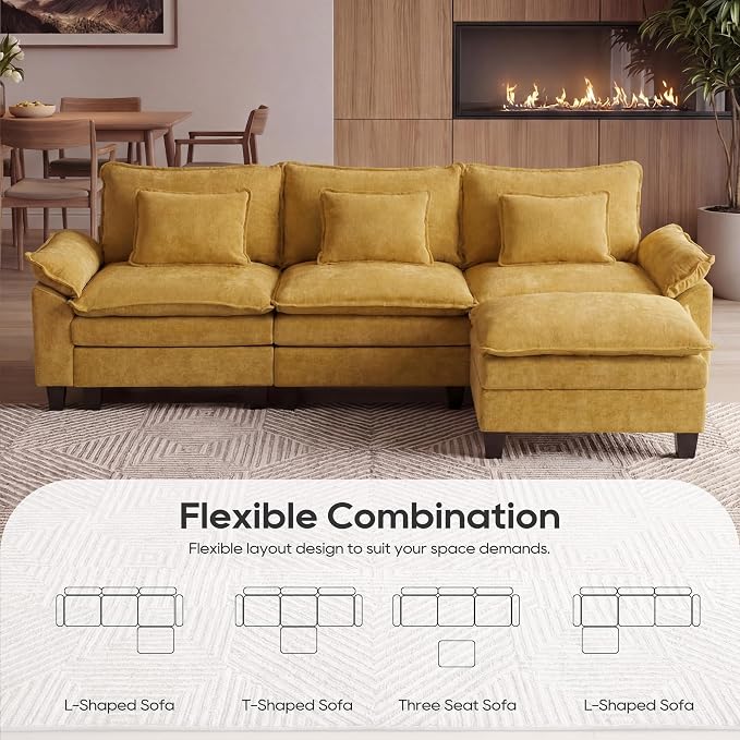 URRED Oversized Modular Sectional Sofa, 122" L Shaped Modern Comfy Cloud Couch with Movable Ottoman & Pillows, Deep Seat Couches for Living Room, Bedroom or Apartment (Chenille Yellow, 122" L Shaped)