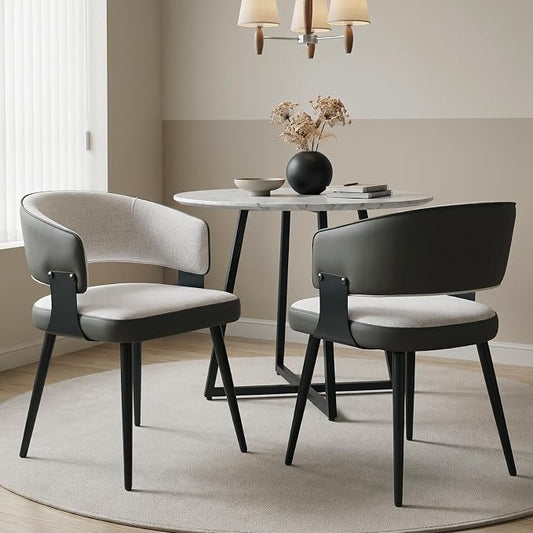 Dining Chairs Set of 2, Modern Upholstered Kitchen & Dining Room Chairs with Breathable Woven Fabric and Faux Leather Accents, Curved Open Back & Metal Legs (Beige Woven, Set of 2)