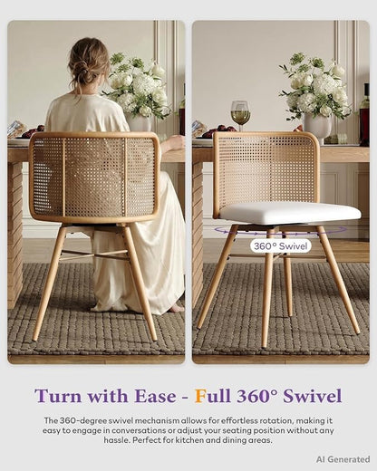TYBOATLE Swivel Rattan Dining Chairs Set of 2 (Cream White) | Farmhouse, Boho, Rattan Woven Back, Faux Leather Seat, Metal Legs, Upholstered, Kitchen, Dining Room