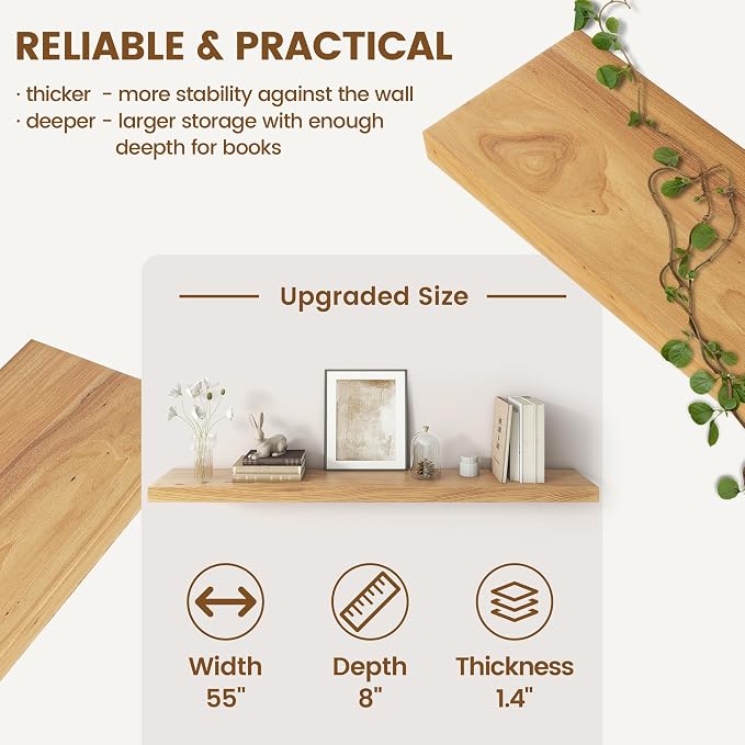 Venusmiles Floating Shelves for Wall Decor, 8" Deep Solid Elm Wood Floating Shelves Wall Mounted, Rustic Wall Shelves with Invisible Bracket for Living Room Bathroom Bedroom Kitchen, 55 Inch, Natural