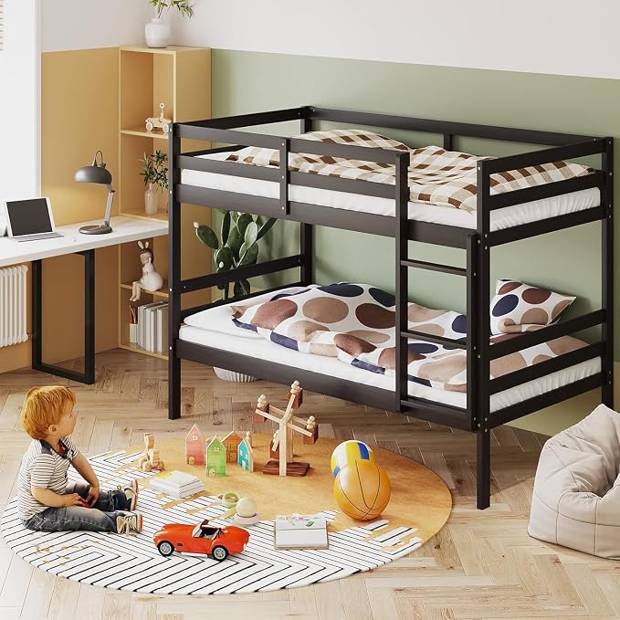 NAFORT Bunk Bed Twin Over Twin, Solid Wood Bunk Bed with Ladder and Safety Rails, Wooden Bed Framefor Kids Teens or Guests, Space-Saving Furniture for Bedroom Dorm, Espresso