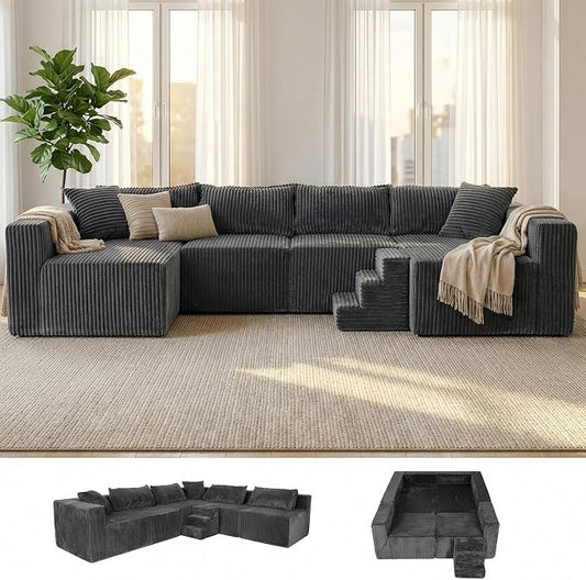 128" U-Shaped Modular Sofa, Modern Cloud Couch with Double Chaise, Sectional Boneless Couches for Living Room Bedroom, No Assembly Required, Dark Grey