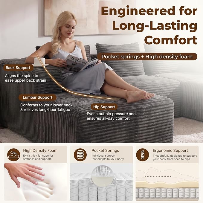Modular Sectional L-Shaped Sofa with Deep Seat, Modern Boneless Comfy Corduroy Fluffy Couch with Side Pockets and Anti-Slip & Floor-Friendly Bottom for Living Room, No Assembly, Dark Grey