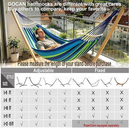 GOCAN Double Hammock 2 Person Extra Large 220x160cm Total Length 330cm Load 500lb Canvas Cotton Hammock for Patio Porch Garden Backyard Lounging Outdoor and Indoor with Removable Spreader bar