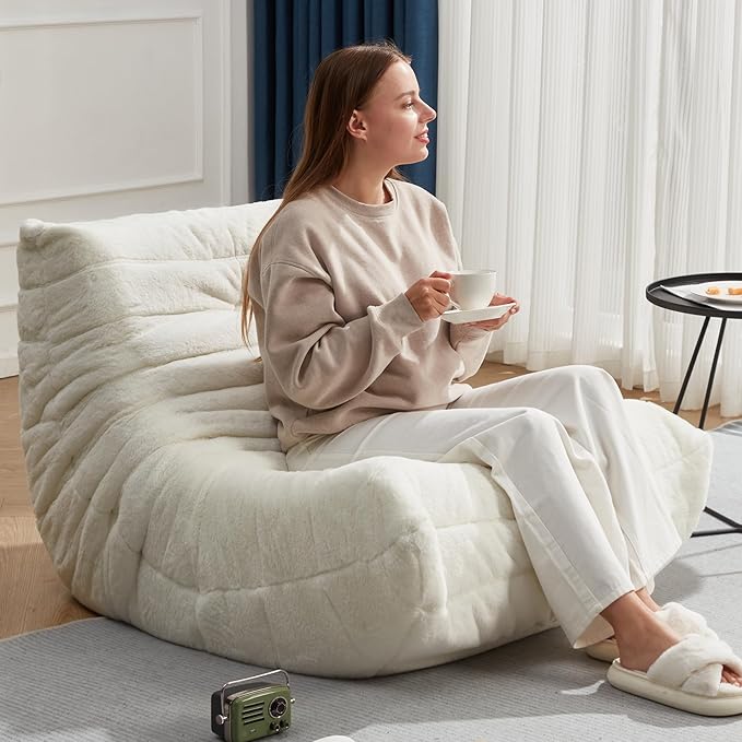 Hobestluk Adults Bean Bag Chair Faux Fur BeanBag Couch for Living Room | White Plush,Ergonomic Design,Memory Foam,UltraSoft,Anti-slip Bottom,No Assembly Required,Decorative Style for Living Room