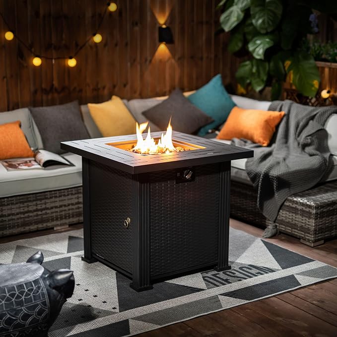 GDFStudio 28" Square Propane Gas Fire Pit Table, 50000 BTU Outdoor Steel Patio Heater with Hidden Tank Storage Lid and Cover for Backyard Deck Garden, Black