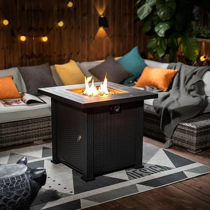 GDFStudio 28" Square Propane Gas Fire Pit Table, 50000 BTU Outdoor Steel Patio Heater with Hidden Tank Storage Lid and Cover for Backyard Deck Garden, Black