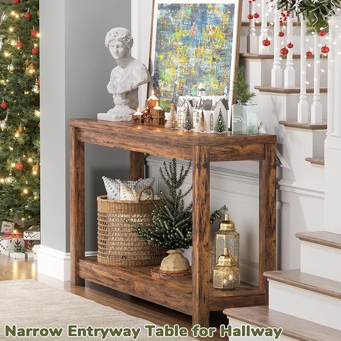 Besiost 32" Farmhouse Wood Entryway Table Narrow Console Table with Storage Behind Couch Sofa Table with Shelves Entry Way Table with Open Storage, Easy Assembly, Rustic Brown