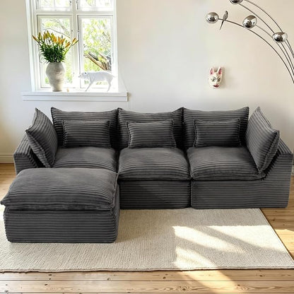Boneless Couch Sectional Sofas Cloud Couches for Living Room | 102.3'' Modern Modular Cloud Sofa with Pillows and Ottoman for Bedroom