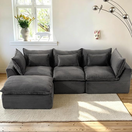 Boneless Couch Sectional Sofas Cloud Couches for Living Room | 102.3'' Modern Modular Cloud Sofa with Pillows and Ottoman for Bedroom