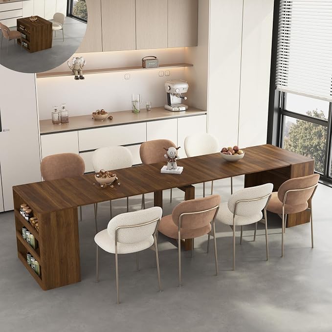 KEIKI 27.5" to 122.8" Extendable Foldable Dining Table with 3-Tier Storage Shelf, Expandable Wooden Console Table for 1–10 People, Space Saving Multifunctional Kitchen Dining Desk, Brown