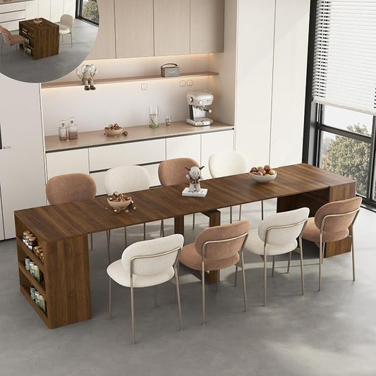 KEIKI 27.5" to 122.8" Extendable Foldable Dining Table with 3-Tier Storage Shelf, Expandable Wooden Console Table for 1–10 People, Space Saving Multifunctional Kitchen Dining Desk, Brown