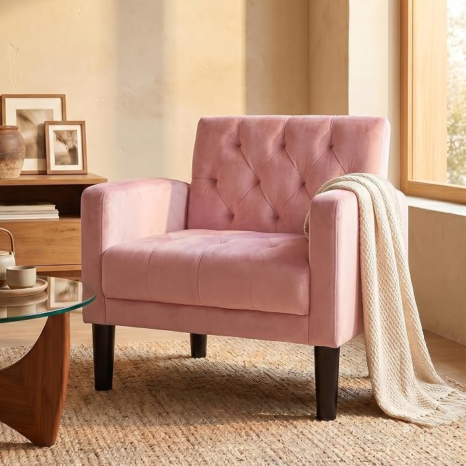 TYBOATLE Mid-Century Fabric Tufted Accent Living Room Armchairs, Comfy Modern Upholstered Bedroom Office Armchair Single Sofa, Reading Lounging Side Lounge Chair Living Room Furniture (Pink)