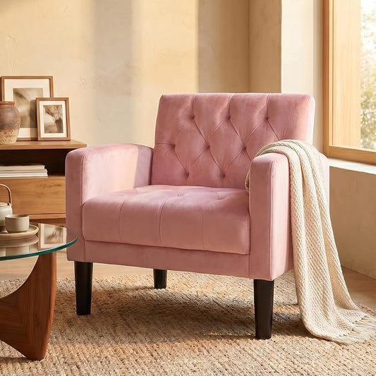 TYBOATLE Mid-Century Fabric Tufted Accent Living Room Armchairs, Comfy Modern Upholstered Bedroom Office Armchair Single Sofa, Reading Lounging Side Lounge Chair Living Room Furniture (Pink)