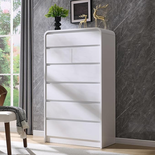 Aitjunz Modern 7 Drawers Dresser for Bedroom, 55" Tall Dressers & Chest of Drawers w/Curved Profile Design, Wood Mid Century Vertical Storage Dressers Organizer for Bedroom, Living Room, White