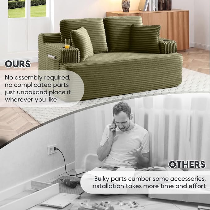66.5'' Boneless Sofa Couch with Cup Holders & Side Pockets, Modern Corduroy Fabric Upholstered Loveseat Couch with 2 Throw Pillows for Living Room Office, No Assembly (Green)