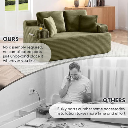 66.5'' Boneless Sofa Couch with Cup Holders & Side Pockets, Modern Corduroy Fabric Upholstered Loveseat Couch with 2 Throw Pillows for Living Room Office, No Assembly (Green)