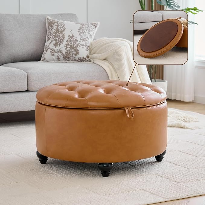 WUTUTUEE 30Inch Round Storage Ottoman with Tray, Modern Tufted Leather Circle Coffee Table with Storage, Upholstered Ottoman with Removable Top for Living Room, Bedroom, Leather Brown