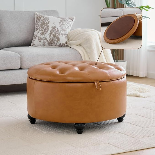 WUTUTUEE 30Inch Round Storage Ottoman with Tray, Modern Tufted Leather Circle Coffee Table with Storage, Upholstered Ottoman with Removable Top for Living Room, Bedroom, Leather Brown