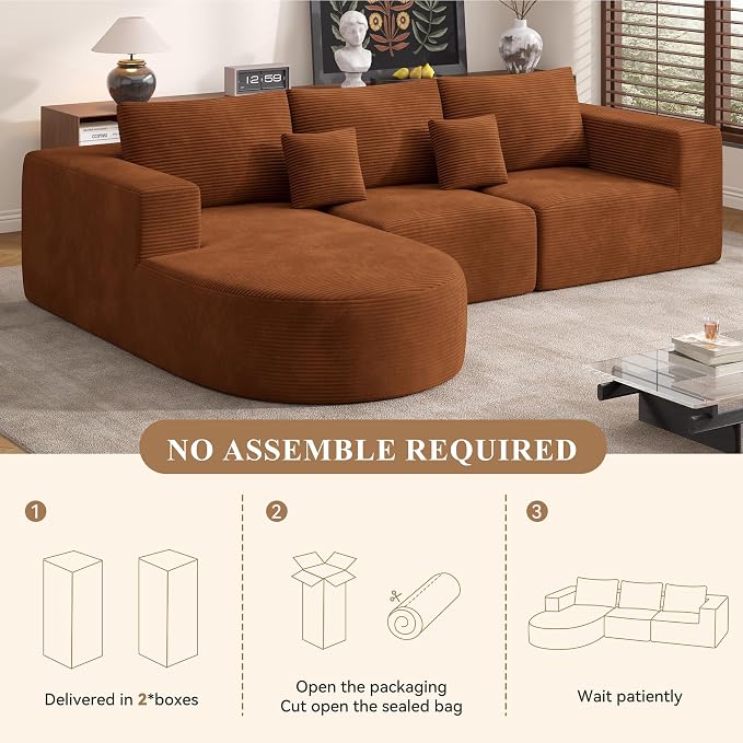 L-Shaped Boneless Couch,104" Couches for Living Room with Curved Chaise,Modular Sectional Sofa with Deep Seat,Modern Cozy Cloud Compression Sofas,No Assembly Required(Brown) 1PCS