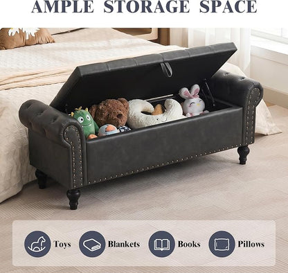 51" Storage Bench for Bedroom, Upholstered Ottoman Bench, Leather DarkGray | End of Bed Bench for Bedroom, Window Benches for Living Room, Entryway, Ottoman with Large Storage Space, Pet Friendly