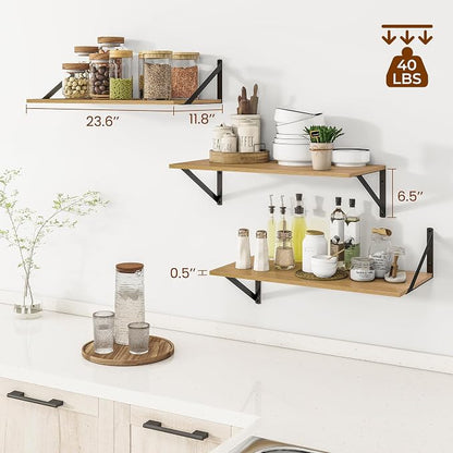 Heimlove 24" W x 12" D Wall Shelves for Books, 12 Inch Deep Floating Shelves Set of 3, Wide Floating Bookshelf with Metal Bracket for Living Room, Kitchen, Office, Bedroom and Decor Storage - Oak