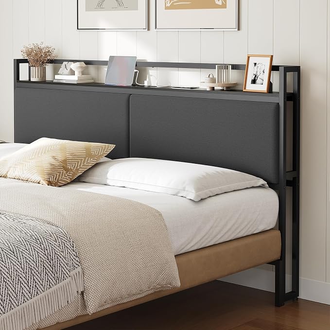 King Size Headboard Only with Storage Shelves, Upholstered Headboard with Charging Station, Height Adjustable, Sturdy and Stable, Vintage Style, Black