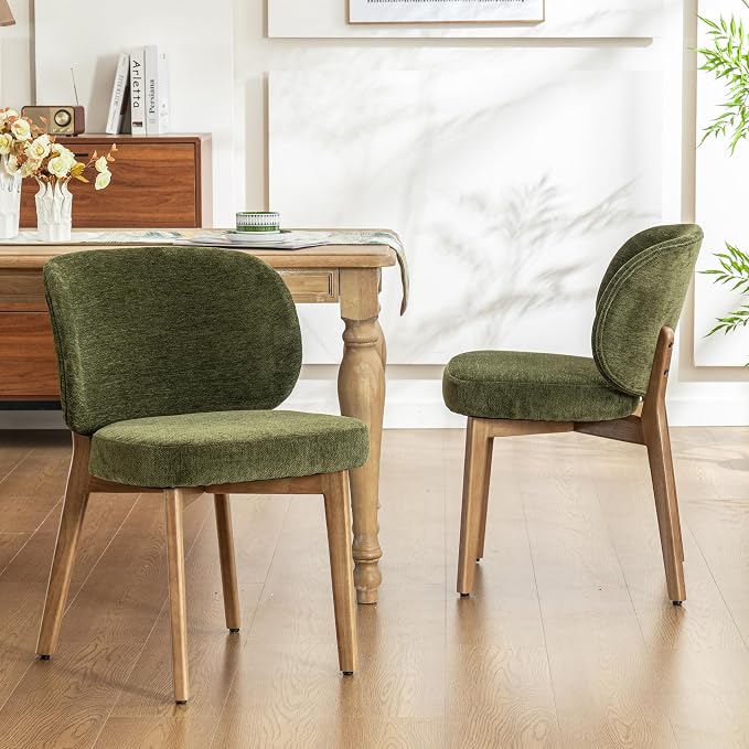 YOUNIKE Dining Chairs Set of 2 Modern Kitchen Dining Room Chairs Green | Chenille Fabric Upholstered Armless Side Accent Chair with Back Wide Padded Seat Wooden Leg for Kitchen Dining Living Room