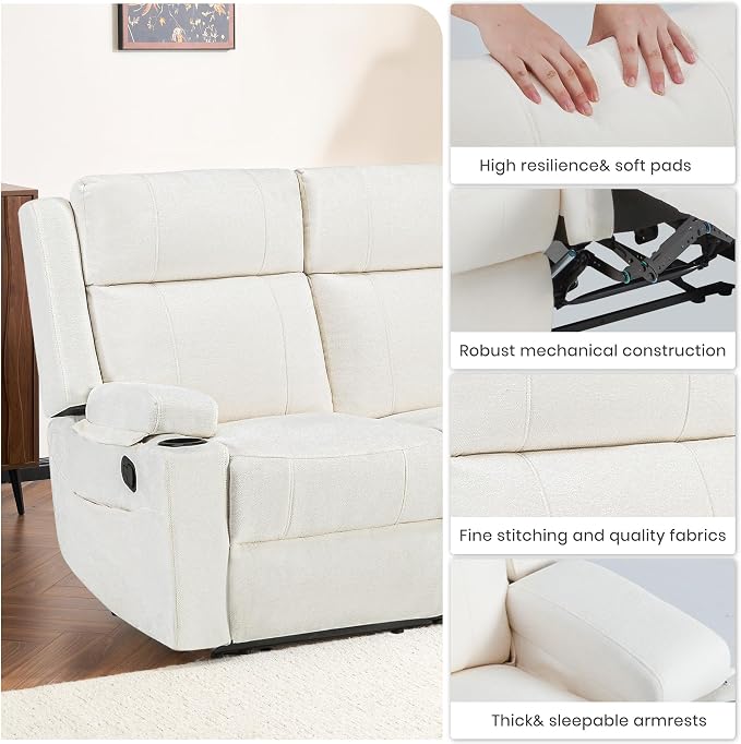 55" RV Loveseat Recliner – Space-Saving Double Reclining RV Sofa, Compact Theater Seating with Cup Holders & Storage Pocket, Beige Chenille Couch for Camper, Motorhome & Home Theater