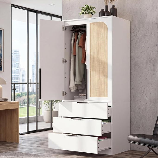 Garvee 70" Wardrobe Armoire Wooden Closet with 2 Doors and 3 Drawers, Bedroom Armoire with Hanging Rod Shelf, Large Capacity Storage Wardrobe Armoire, Freestanding Wooden Closet Storage Cabinet