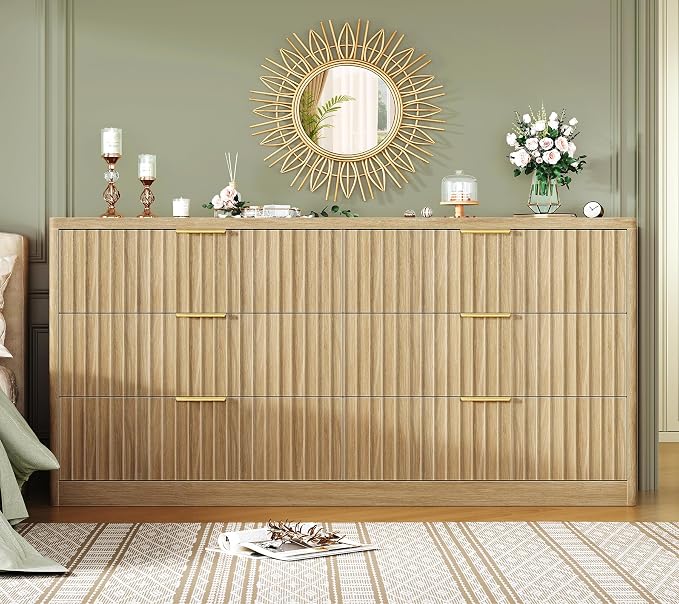 TEENFON 56.3'' Dresser for Bedroom with 6 Drawers, Dressers & Chest of Drawers with Curved Profile Design, 6 Drawer Dresser, Fluted Dressers, Wood Dressers for Bedroom, Living Room, Natural