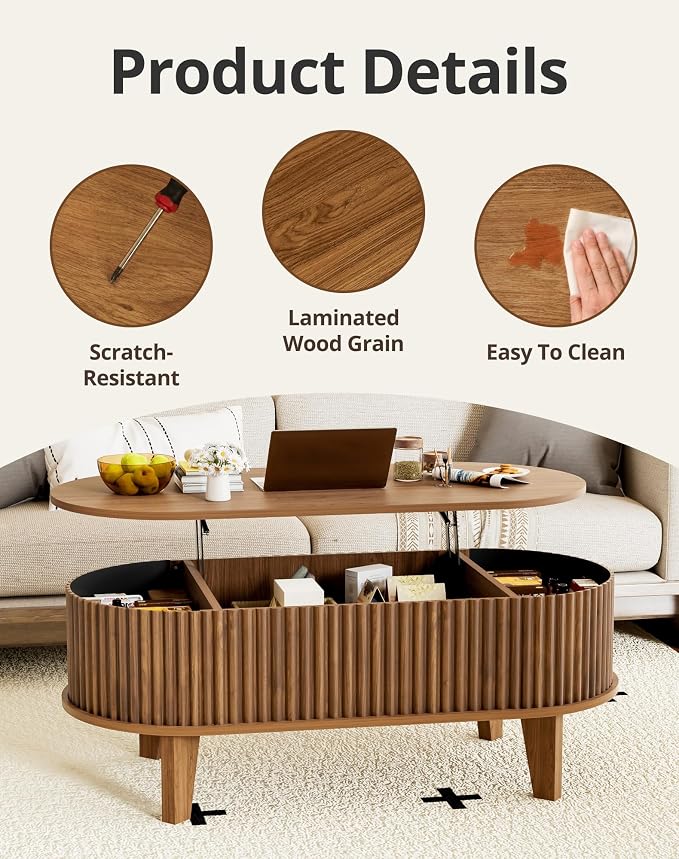 Oval Lift Top Coffee Table with Storage, 41" Wood Fluted Modern Living Room Center Table for Home Office, Walnut