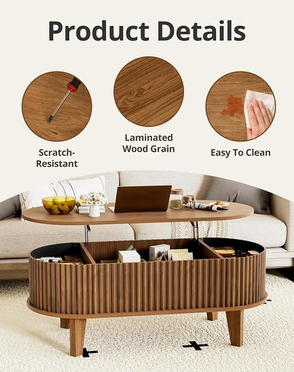 Oval Lift Top Coffee Table with Storage, 41" Wood Fluted Modern Living Room Center Table for Home Office, Walnut