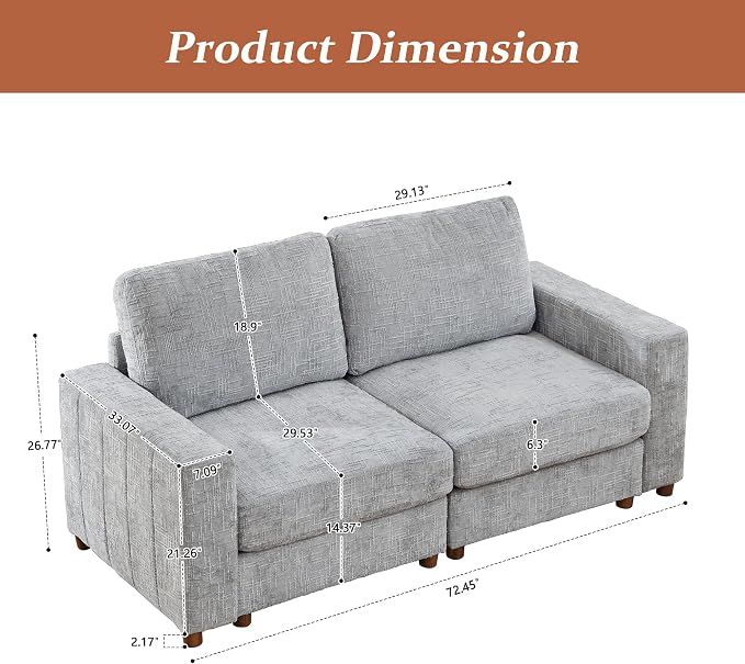 ORRD Comfy Loveset Couch, Chenille 2 Seat Sofa with Pillows, Modern Loveseat Sofa with Storage for Apartment, Living Room, Grey