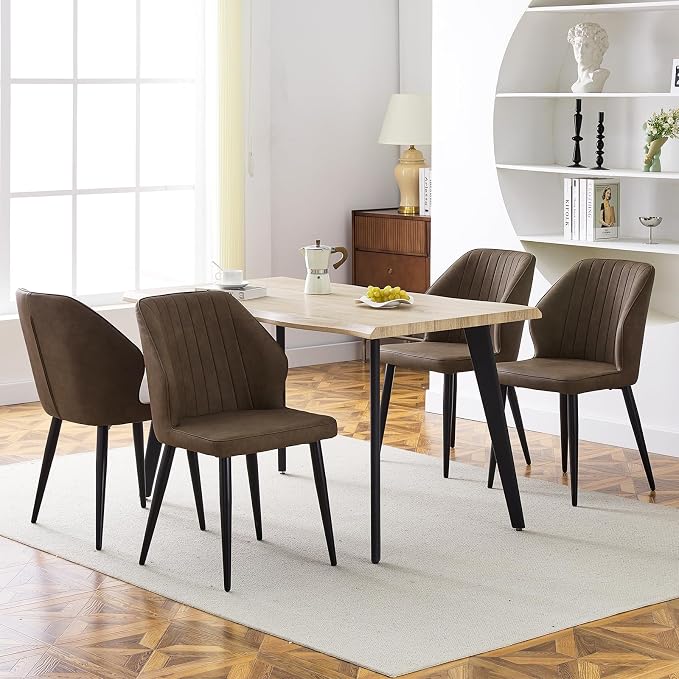 CLIPOP Dining Chairs Set of 4, Faux Leather Dining Chairs, Mid-Century Modern Dining Room Chairs, Upholstered Kitchen Chairs, Metal Legs/Backrest, Accent Leisure Chair for Guest Reception Room - Brown