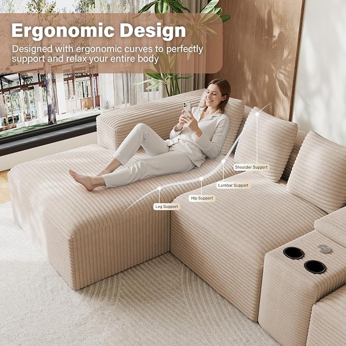 143" Oversized U Shaped Cloud Sectional Couches for Living Room, Comfy Fluffy Corduroy Beige Boneless Couch, Large Modular Sectional Sofa Set with Chaise, Cup Holder, USB Port, Storage Console